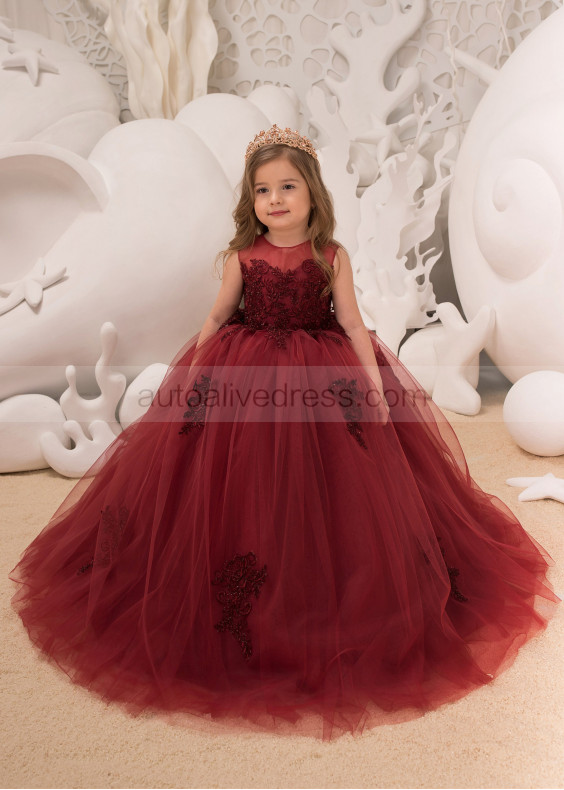 Maroon Lace Applique Tulle Keyhole Corset Back Flower Girl Dress